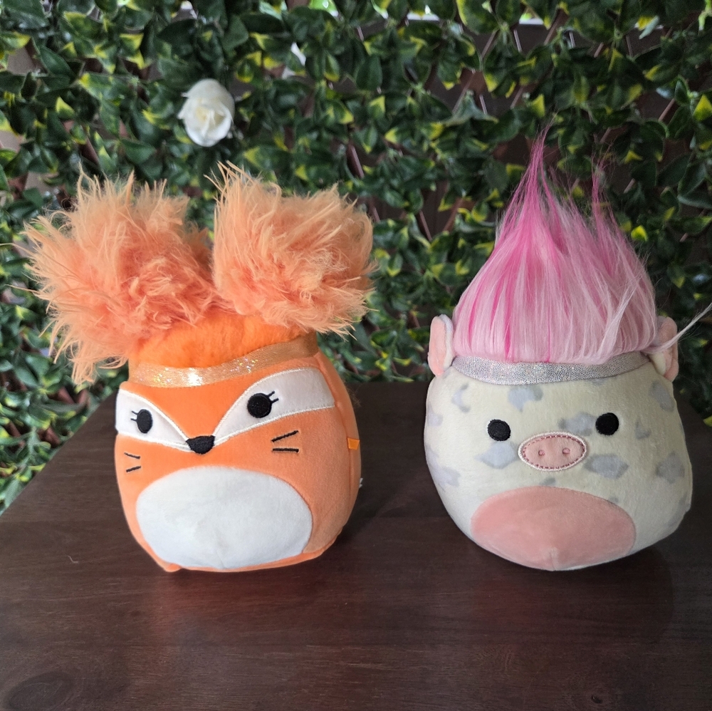 2 Squish-Doos Rosie Pink Pig & Mallora Orange Fox Squishmallows With Fun Hair 5"